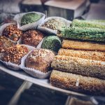 cupcakes and rice cake on table